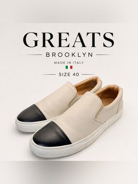 GREATS Brooklyn Made in Italy Leather Slip-On Sneakers Cream & Black Size 40